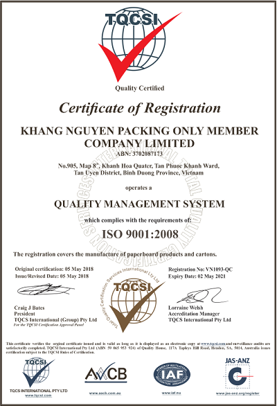 Chứng nhận ISO 9001:2008 - Bao Bì Khang Nguyễn - Công Ty TNHH Một Thành Viên Bao Bì Khang Nguyễn